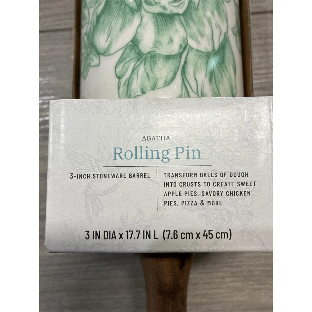 NEW-Pioneer Woman AGATHA Green Rolling Pin-Olivewood Handles-Butterflies